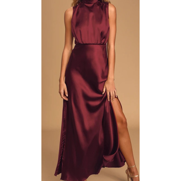 Lulus Dresses & Skirts - LULU'S M Classic Elegance Wine Satin Sleeveless Mock Neck Maxi Dress NEW B34